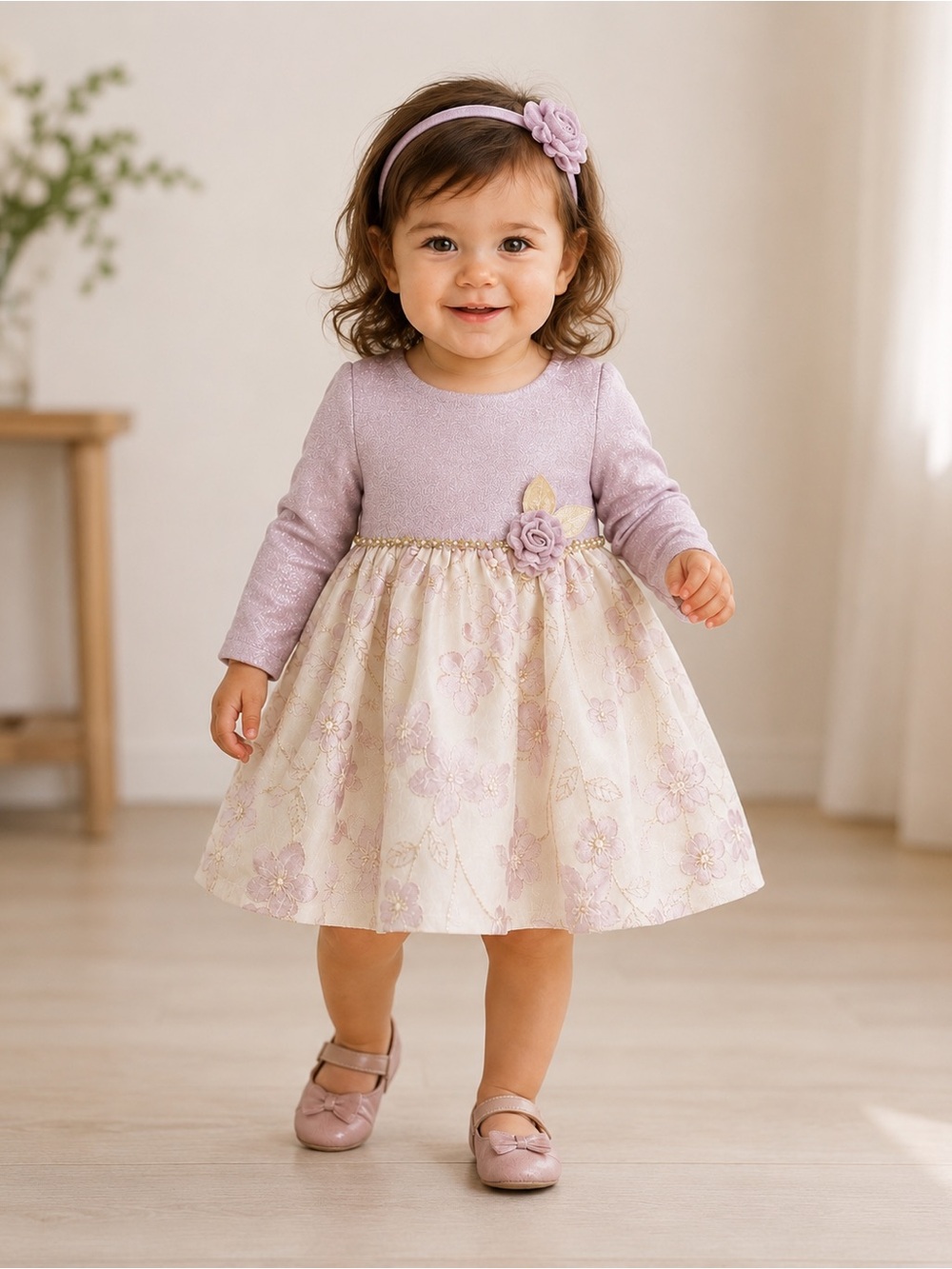 Rare Editions Mauve Floral Jacquard Long Sleeve Christmas Dress 24M NWT 2pc Set